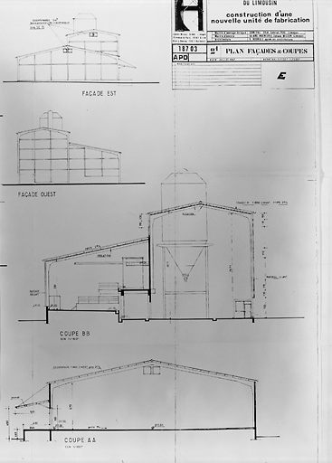 Plan relatif à la construction, en 1988, d'une nouvelle unité de fabrication abritant l'atomiseur (bâtiment L, dit le 'Dhorst'). Elévations latérales et coupes.