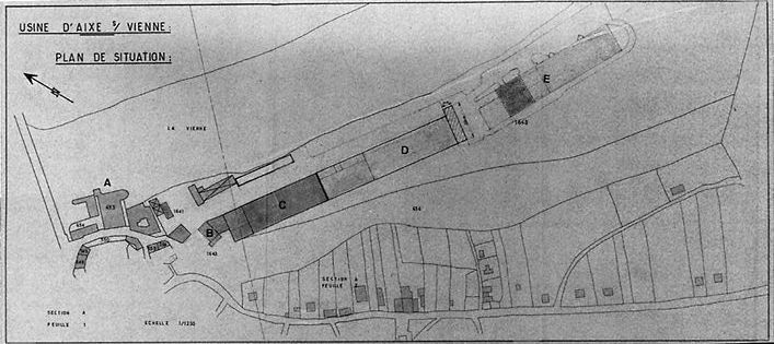 Plan de situation de l'usine, vers 1960. Le légendage ne correspond pas à celui de la planche IV.