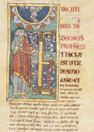 Incipit du livre d'Ezéchiel. Tableau avec lettre initiale E (fol. 130).