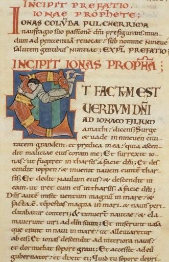 Incipit du livre du prophète Jonas. Lettre initiale E (fol. 158).