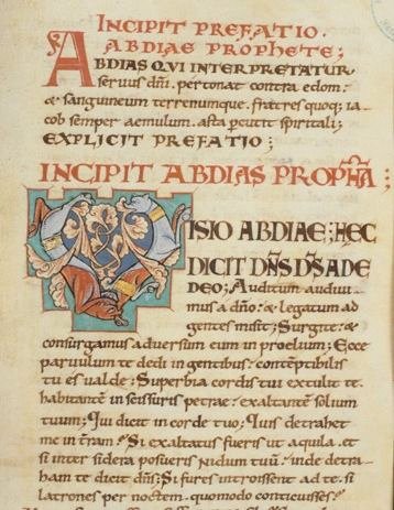 Incipit du livre du prophète Abdias. Lettre initiale V (fol. 158).