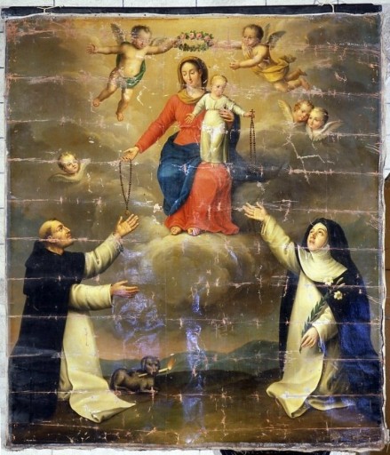 Tableau : la Remise du rosaire à saint Dominique et sainte Catherine de Sienne