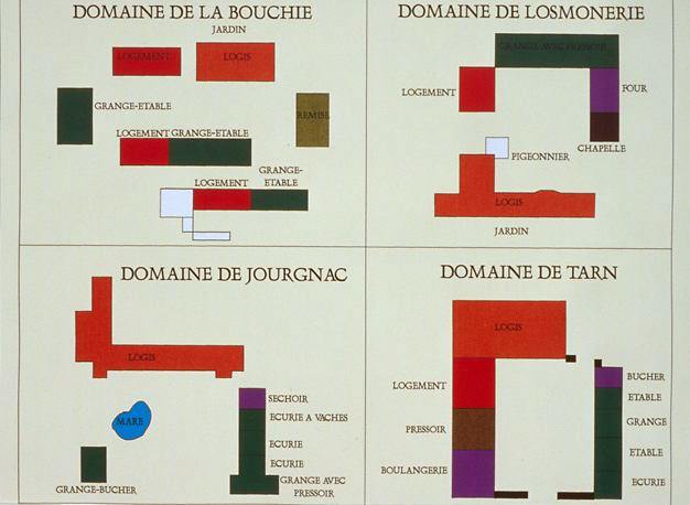 Document concernant le plan-masse de 4 domaines agricoles du canton d'Aixe-sur-Vienne.