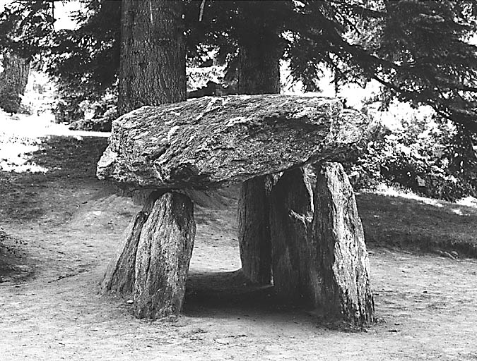 Saint-Agnant-de-Versillat, la Chadrolle. Vue du dolmen provenant du champ 'de la Demoiselle' et remonté dans le jardin public du musée municipal de la Sénatorerie à Guéret.