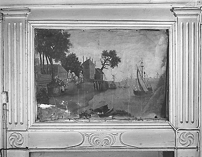 Saint-Agnant-de-Versillat. Maison (cadastre 1980 AE 61). Intérieur. Rez-de-chaussée (ancien salon). Mur sud. Vue du dessus-de-porte orné d'une peinture représentant une scène champêtre.