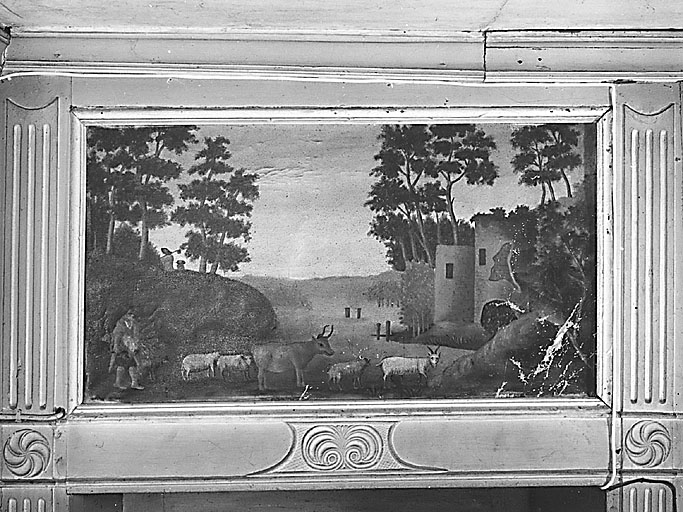 Saint-Agnant-de-Versillat. Maison (cadastre 1980 AE 61). Intérieur. Rez-de-chaussée (ancien salon). Mur nord. Vue du dessus-de-porte orné d'une peinture représentant une scène champêtre.