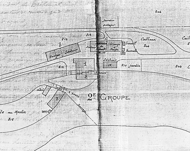 Plan d'ensemble des trois moulins de la Gabie. Détail du plan concernant le moulin n° 2.