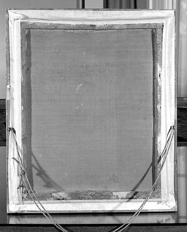 Vue du revers de la toile, avec inscription manuscrite.