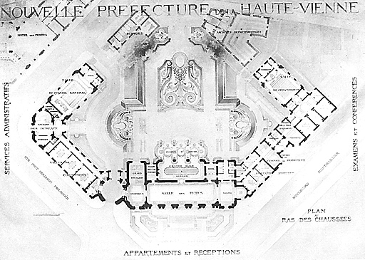 Plan au niveau des salles de réception par l'architecte Jules Godefroy.