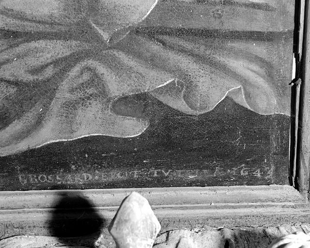 Détail de la signature et de la date, en bas à droite de la toile : F. BROSSARD. FECIT. TU[TEL]AE. 1643 (1642 avant restauration ?).