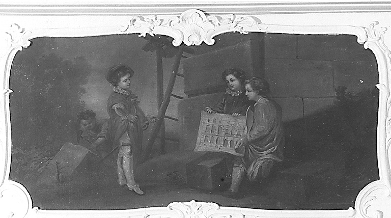 Rez-de-chaussée, bibliothèque. Dessus-de-porte représentant l'allégorie de l'Architecture (trois enfants tenant le plan d'un édifice et un quatrième taillant une pierre).