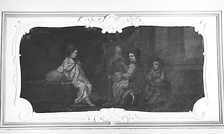 Rez-de-chaussée, bibliothèque. Dessus-de-porte représentant une allégorie de la Peinture (jeune garçon peignant une fillette et un autre la dessinant).