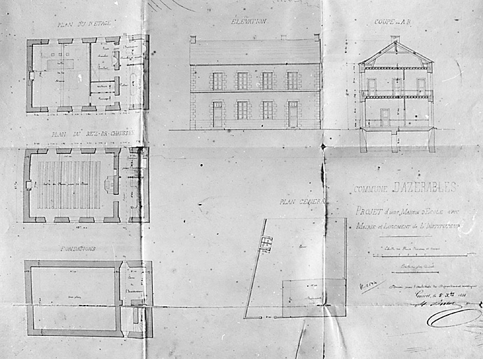 Azerables. Mairie école. Projet d'une maison d'école avec mairie et logement d'instituteur, dressé par l'architecte du département, Bulot, le 5 décembre 1855. Plan des fondations, du rez-de-chaussée, du premier étage, élévation et coupe.