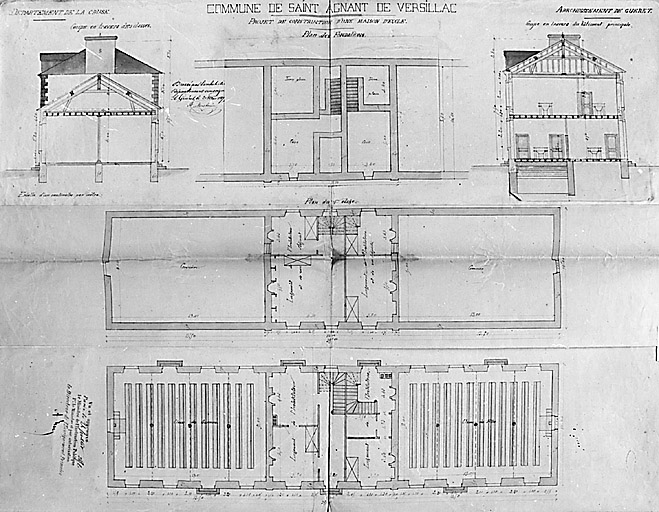 Plan des fondations, du rez-de-chaussée, du premier étage et coupes.