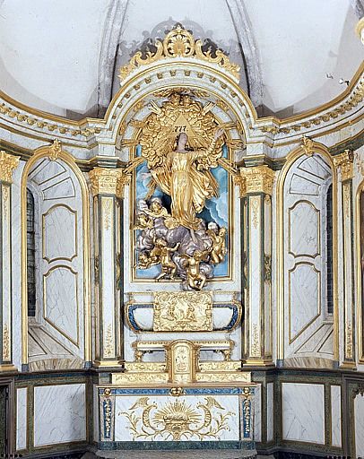 Autel, 2 gradins d'autel, tabernacle (maître-autel, ensemble du décor intérieur)