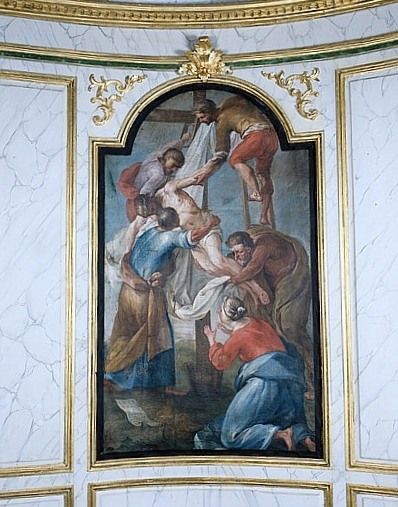 Tableau : la Descente de croix (lambris de revêtement de la chapelle Notre-Dame-de-Pitié)