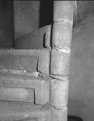 Escalier en vis, avant restauration. Vue de détail de la taille des contre marches.