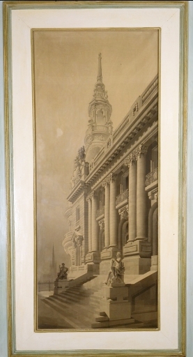 Dessin aquarellé de la façade nord. Les deux statues flanquant l'escalier ne furent jamais mises en place (le sculpteur Henri Varenne les réutilisa pour orner la façade de la gare de Limoges).