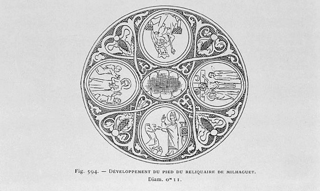 Développement du pied du reliquaire de Milhaguet (diam. 0 m 11). Quatre médaillons circulaires séparés par des rinceaux, de gauche à droite : saint Etienne de Muret, auréolé, debout un livre appuyé sur la poitrine, invoqué par deux moines agenouillés ; la 'messe de sainte Valérie' : sainte Valérie agenouillée présente sa tête décapitée à saint Martial mitré et auréolé, devant un autel ; le Calvaire ; la Vierge à l'enfant, couronnée et tenant un sceptre, trônant.