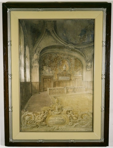 Dessin aquarellé de la salle de délibération du Conseil général.