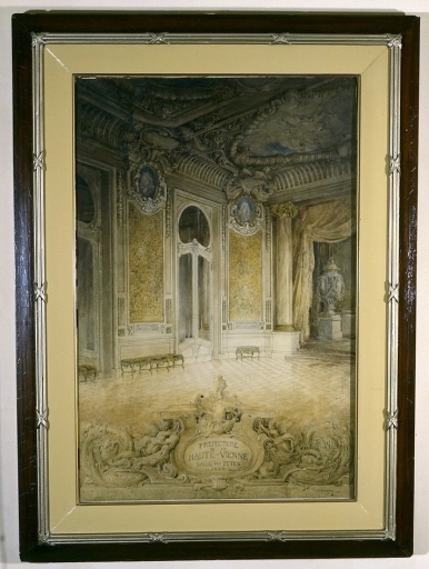 Dessin aquarellé du grand salon de réception.