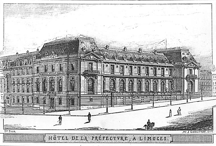 Premier projet (non réalisé) de l'architecte Godefroy, vue partielle de la planche, dessin en perspective des deux façades principales 'projetées en équerre', au nord, à droite sur l'avenue de la Libération (ancien boulevard Montmailler) et à l'est sur l'actuelle rue de la Préfecture.