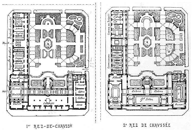 Premier projet (non réalisé) de l'architecte Godefroy, vue partielle de la planche, plans du 'premier rez-de-chaussée et du deuxième rez-de-chaussée', en bordure de la rue de la Libération, ancien boulevard Montmailler.