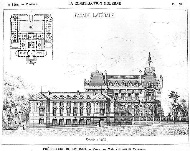 Projet (non réalisé) des architectes Vionnois et Valentin, élévation latérale prévue sur l'ancien boulevard Montmailler, actuelle avenue de la Libération.