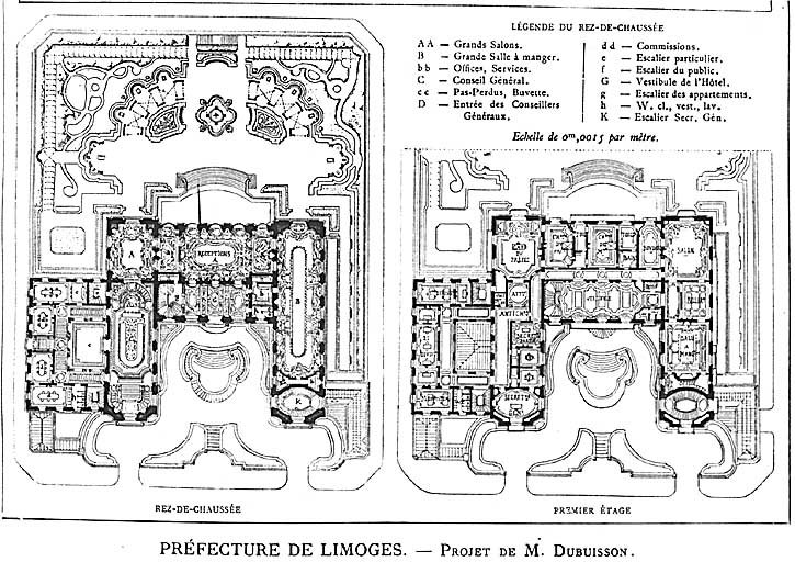 Projet (non réalisé) de l'architecte Dubuisson, vue partielle de la planche, plans du rez-de-chaussée et du premier étage.