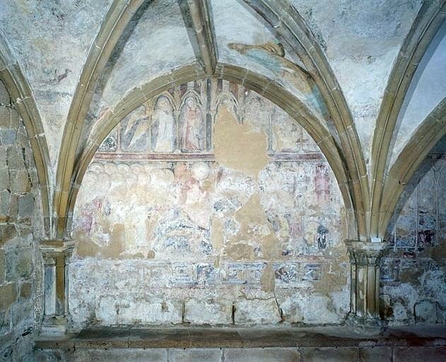 Vue générale du mur nord de la 1ère travée : l'Annonciation au registre supérieur et l'entrée du Christ à Jérusalem au registre inférieur.