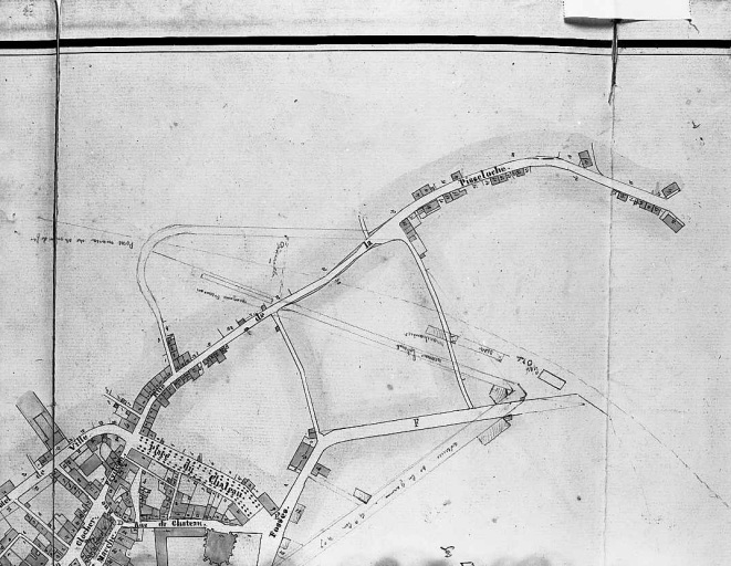 Plan d'ensemble de la ville de Felletin, dressé par le géomètre Jouanisson, en 1841 ; échelle 1:2000e. Partie nord-ouest montrant le faubourg de la Pisseloche et l'emplacement du futur quartier de la Gare.