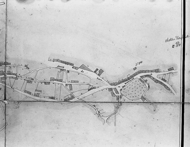 Plan d'ensemble de la ville de Felletin, dressé par le géomètre Jouanisson, en 1841 ; échelle 1:2000e. Partie est du plan montrant le quartier de Beaumont.