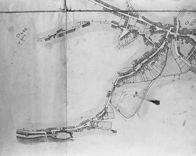 Plan d'ensemble de la ville de Felletin, dressé par le géomètre Jouanisson, en 1841 ; échelle 1:2000e. Partie sud du plan montrant la rue de Chanteloube et la rue des Mayades.