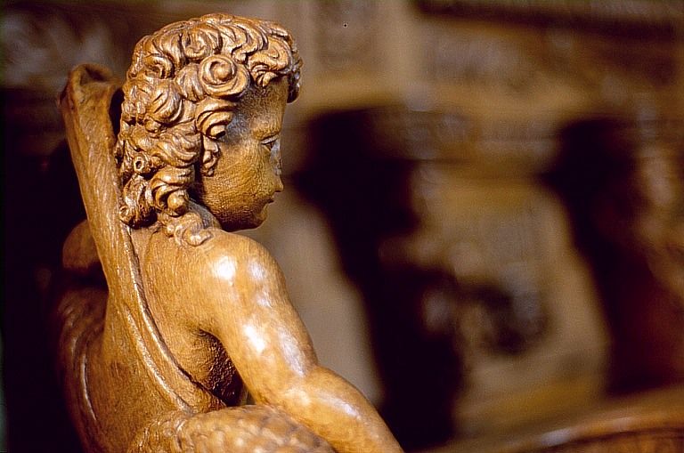 Détail du motif d'amortissement de la jouée est des stalles nord : putto assis sur un dauphin, vu de trois-quarts.