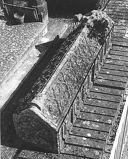 Section B. Vue d'une tombe en forme de sarcophage portant un décor sculpté néo-gothique traité en bas-relief (croix sur le faîte du couvercle en bâtière et quadrilobe sur les rampants) ; tombe datant de la deuxième moitié du 19e siècle.