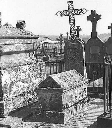 Section B. Tombe avec couvercle en bâtière et stèle surmontée d'une croix en fer forgé à décor ajouré ; tombe datant vraisemblablement du 19e siècle.