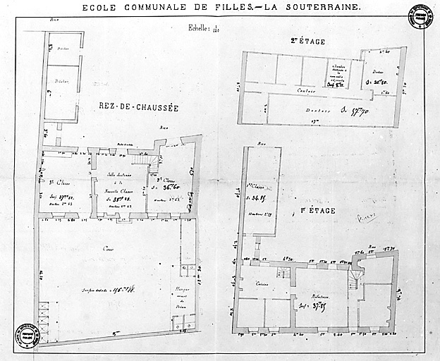 La Souterraine. Ecole communale de filles. Plans du rez-de-chaussée, du premier étage et du deuxième étage (plans non signés et non datés, vers 1890 ?).