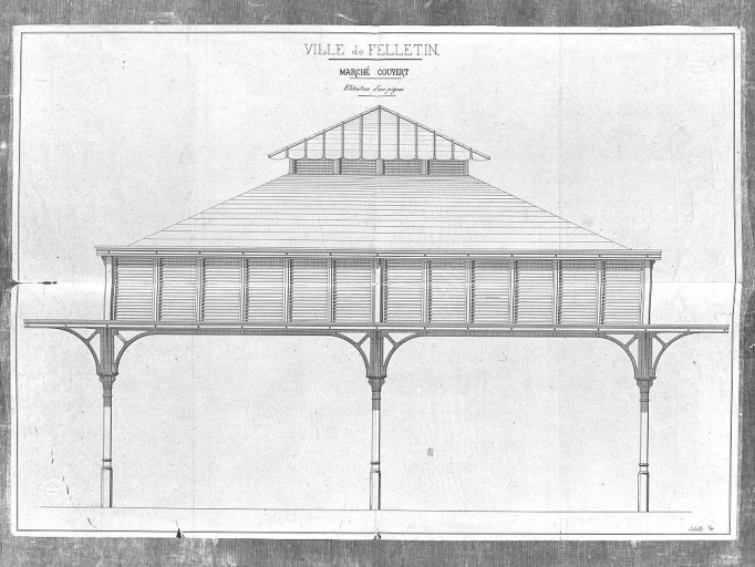 Projet de construction d'un marché couvert à Felletin (18 juin 1883). Dessin pour être annexé au projet d'adjudication. Elévation d'un pignon.