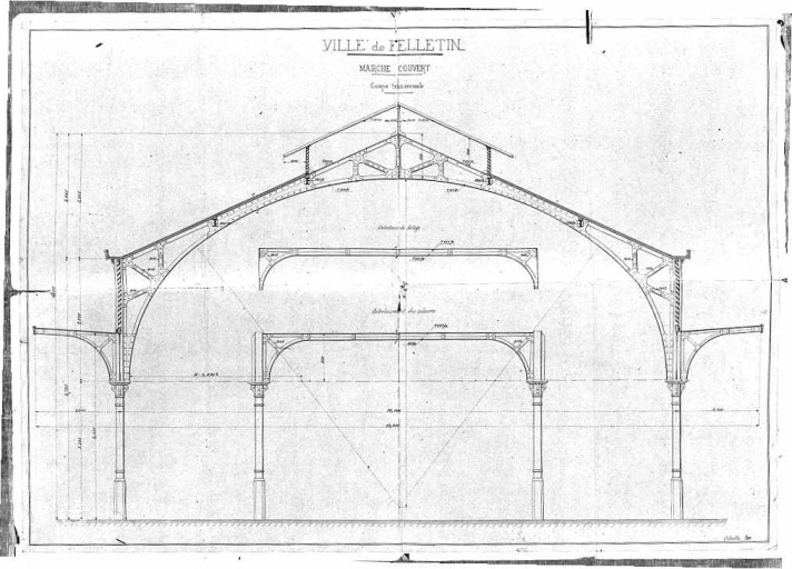 Projet de construction d'un marché couvert à Felletin (18 juin 1883). Dessin pour être annexé au projet d'adjudication. Coupe transversale.