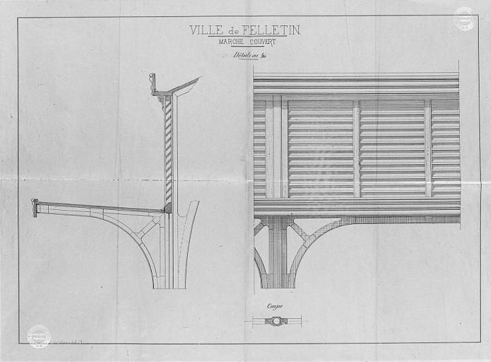 Projet de construction d'un marché couvert à Felletin (18 juin 1883). Dessin pour être annexé au projet d'adjudication. Détails d'assemblages. Echelle 1:10e.