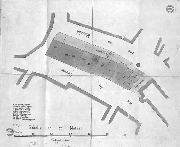 Plan des maisons à acquérir pour la construction d'une halle (signé Boutonnet, s.d., vers 1886).