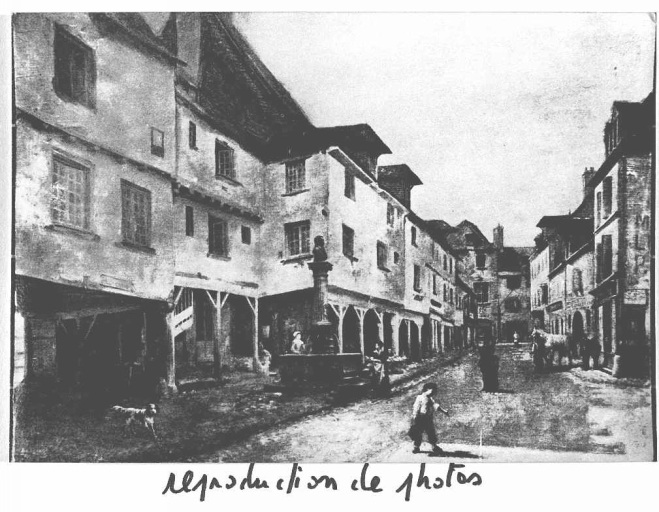 Place Courtaud. Vue d'ensemble d'un lotissement de maisons appelées 'auvents', construites en pan de bois et torchis, avec étages en encorbellement et galerie au niveau du rez-de-chaussée. Ces maisons, occupant la partie centrale de la place actuelle, ont été démolies à la fin du 19e siècle, à l'occasion de la construction de la halle.