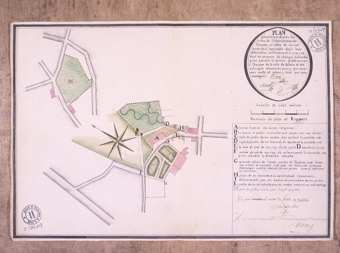 Plan géométrique 'd'après vues de l'administration de l'hospice et celles du conseil municipal exposées dans leur délibération relativement à une rue dont on propose de changer la direction pour joindre le terrain qu'elle occupe à l'hospice de la ville de Felletin et des échanges nécessaires pour y parvenir sans soulte ni retour, levé par nous soussignés Picon, Chauvet, Grellet (s.d., vers 1800 ?)'.
