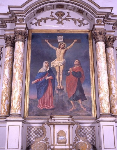 Tableau central du retable : détail du tableau et du tabernacle.