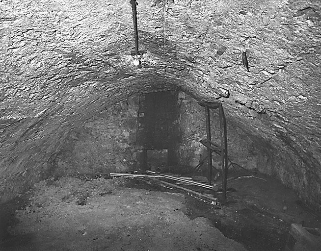 La Souterraine, ville : maison, 22 place Emile Parrain (cadastre 1992, BE 112). Cave située sous la place et accessible depuis le sous-sol de la maison (cf. fig.15). Vue depuis l'escalier d'accès, montrant au fonds de la cave une niche surmontée d'une sorte de conduit de cheminée.