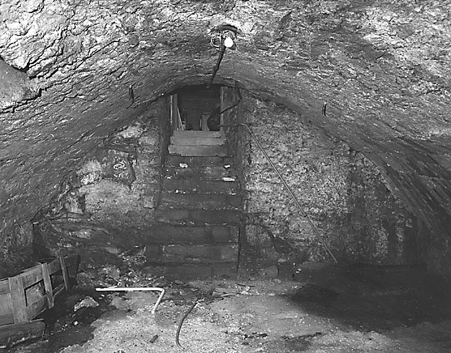La Souterraine, ville : maison, 22 place Emile Parrain (cadastre 1992, BE 112). Cave située sous la place et accessible depuis le sous-sol de la maison. Vue d'ensemble montrant l'escalier d'accès.