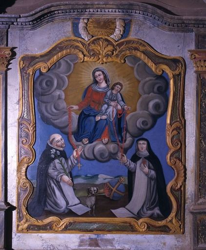 Tableau, cadre : la Remise du rosaire à saint Dominique de Guzman et sainte Catherine de Sienne