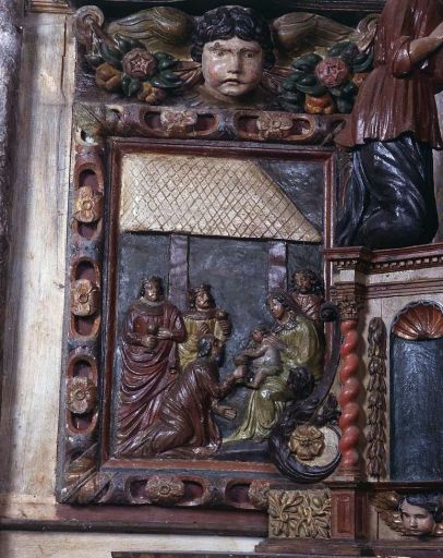 Vue du panneau inférieur gauche du retable : l'Adoration des mages. Après restauration.