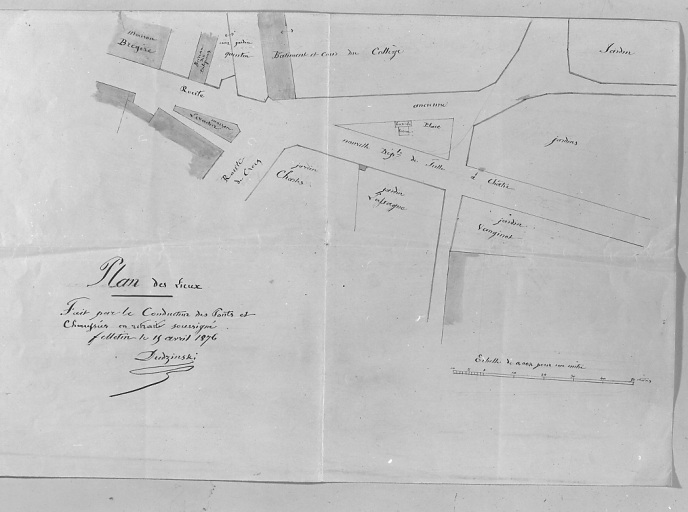 Plan établi à Felletin par le 15 avril 1876 ; échelle 1:500. Sur ce plan, concernant une partie de la ville, au nord, sont mentionnés la nouvelle départementale de Tulle à la Châtre, la route de Crocq, le bureau des diligences, une maison aujourd'hui démolie (maison Levacher) et l'emplacement de l'ancienne bascule et de son bureau ; par contre l'avenue de la Gare n'est pas encore percée.