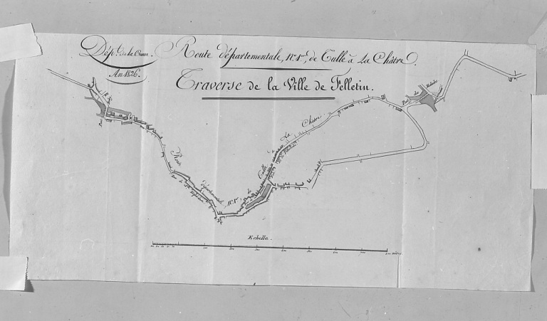 Plan daté de 1826 et représentant la traverse de la ville de Felletin par la route départementale n° 1 de Tulle à la Châtre, échelle 1:25e.